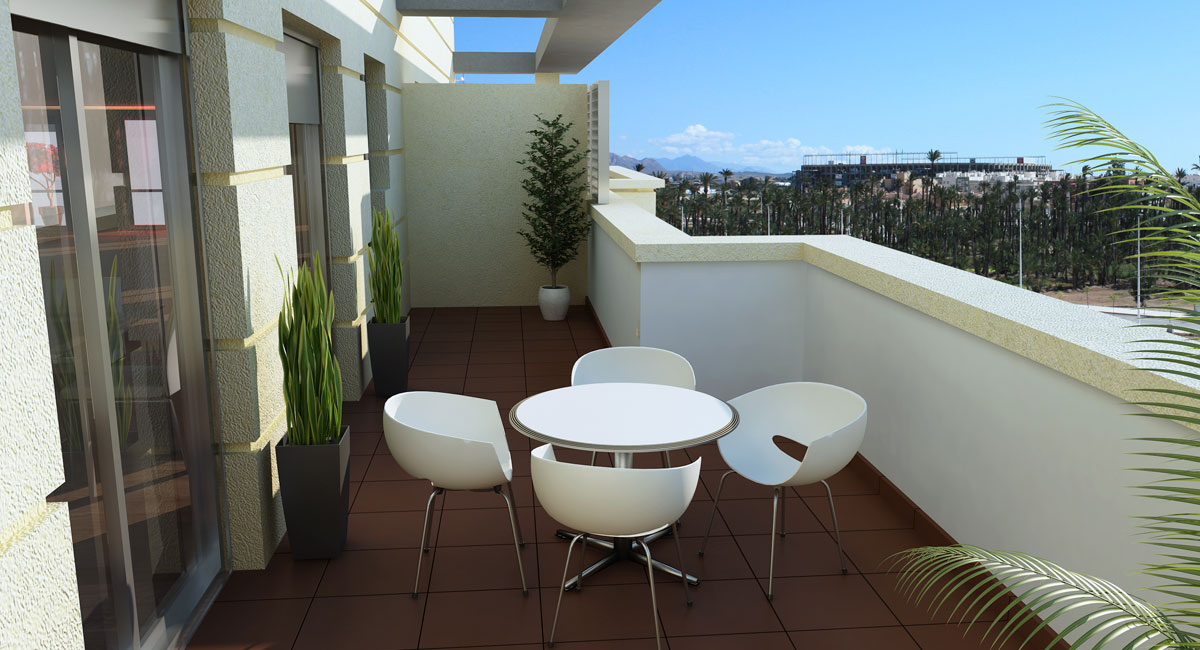 Render 3d de una terraza realizado con infografía 3D. Arquitectura 3D.