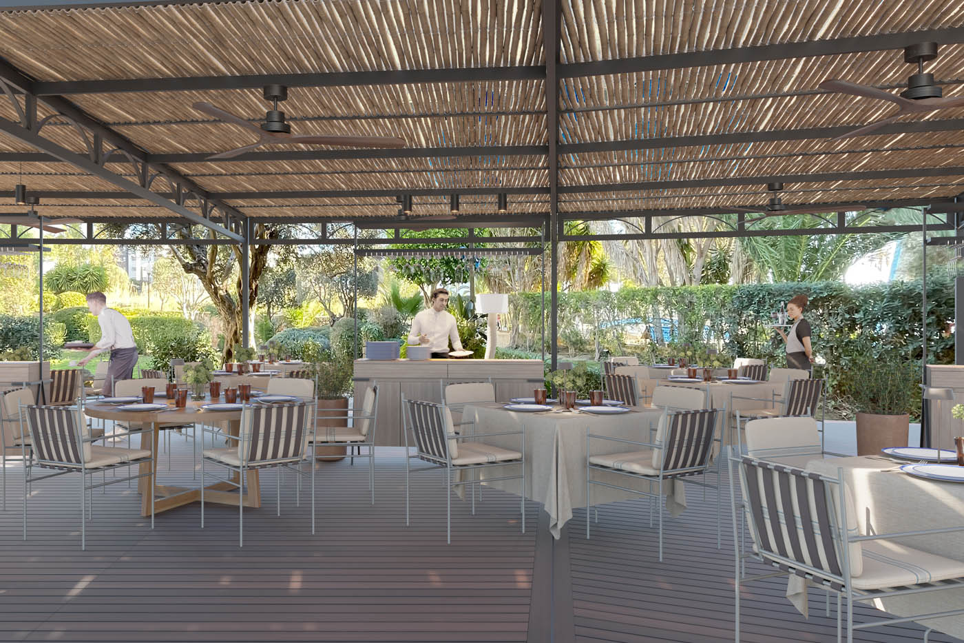 Render 3D de un restaurante en Ibiza