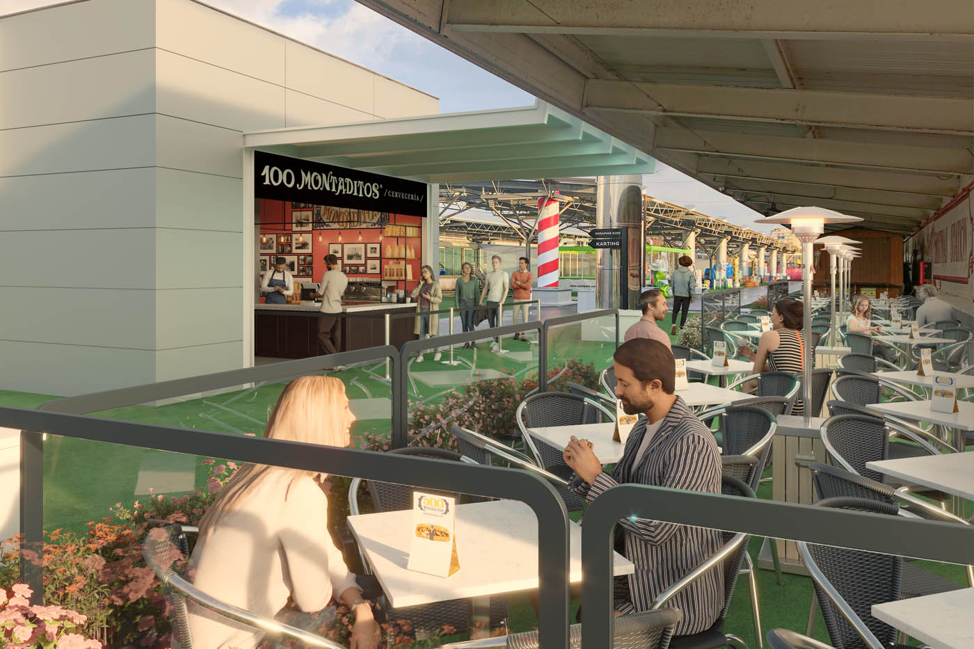 Render 3D de la terraza de un restaurante 100 Montaditos en Fuengirola