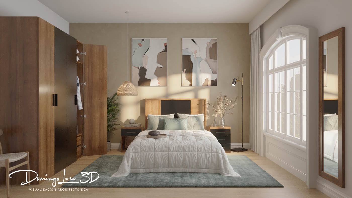 Renders 3D de un ambiente para la representación de muebles de dormitorio