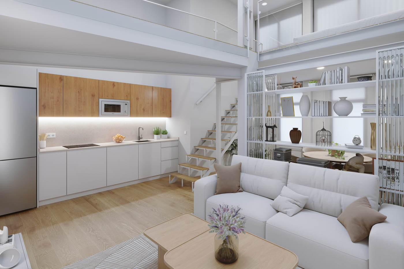 Infografía 3D de los espacios interiores de un loft