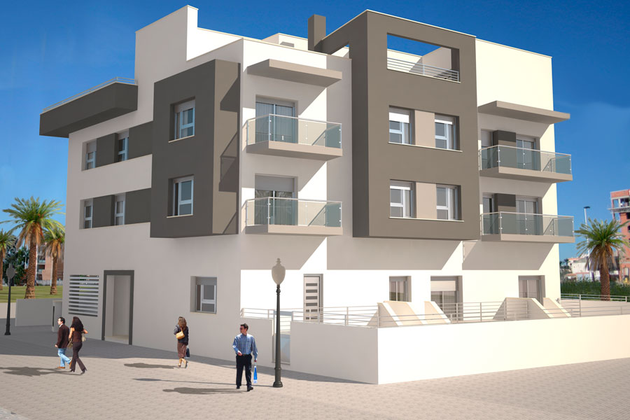 Render 3d de un edificio residencial de apartamentos realizado con infografía 3D. Arquitectura 3D.