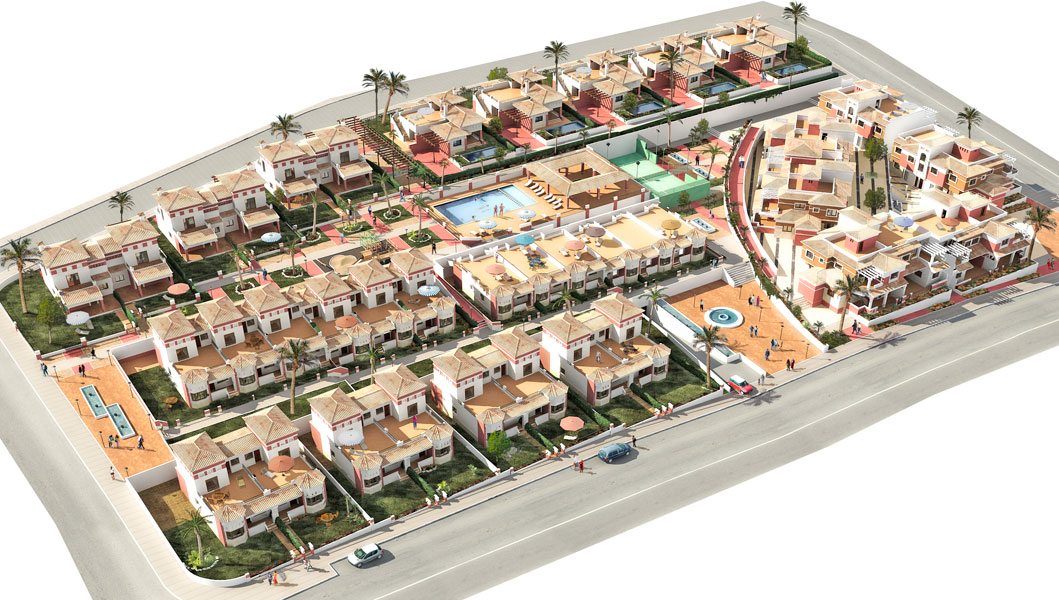 Render 3d de un plan de actuación urbanística realizado con infografía 3D. Arquitectura 3D.