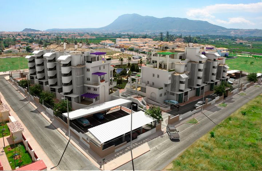 Render 3d de una urbanización residencial realizado con infografía 3D. Arquitectura 3D.