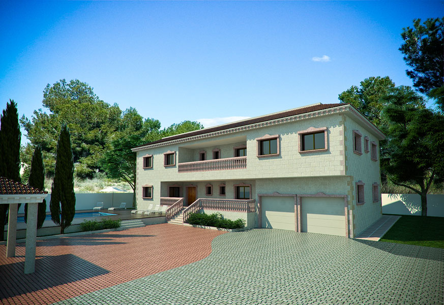 Render 3d de una vivienda unifamiliar realizado con infografía 3D. Arquitectura 3D.