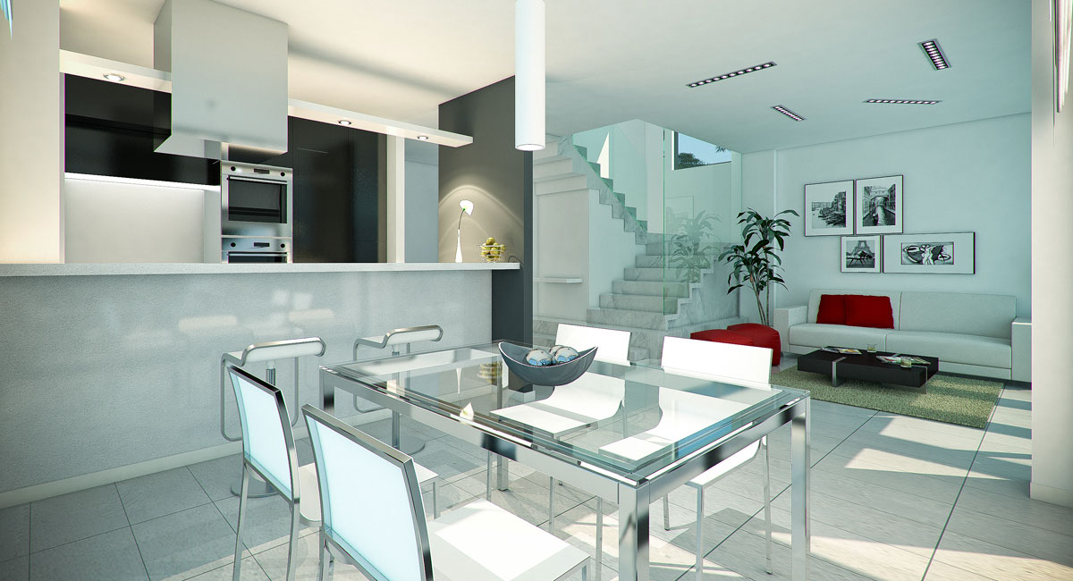 Render 3d para la representación de un espacio interior realizado mediante infografía 3D. Interiores 3D.