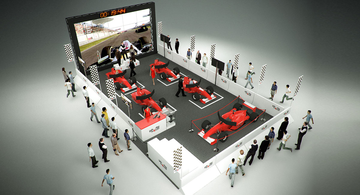 Render 3d para la representación de una sala de simuladores realizado con infografía 3D.