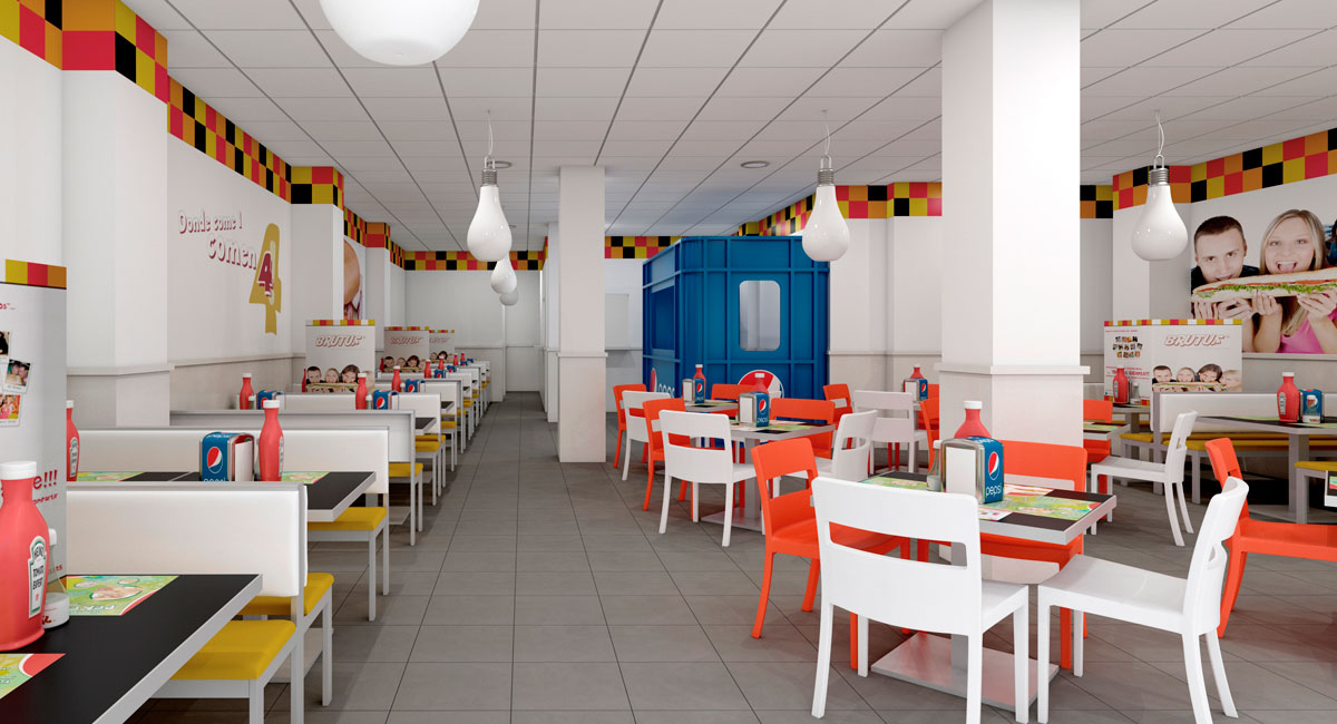 Render 3d de un restaurante realizado con infografía 3D. Interiores 3D.