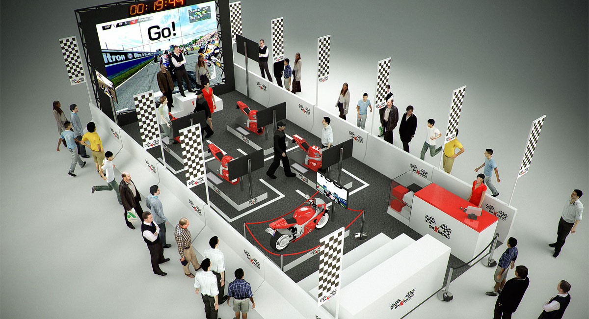 Render 3d para la representación de una sala de simuladores realizado con infografía 3D.