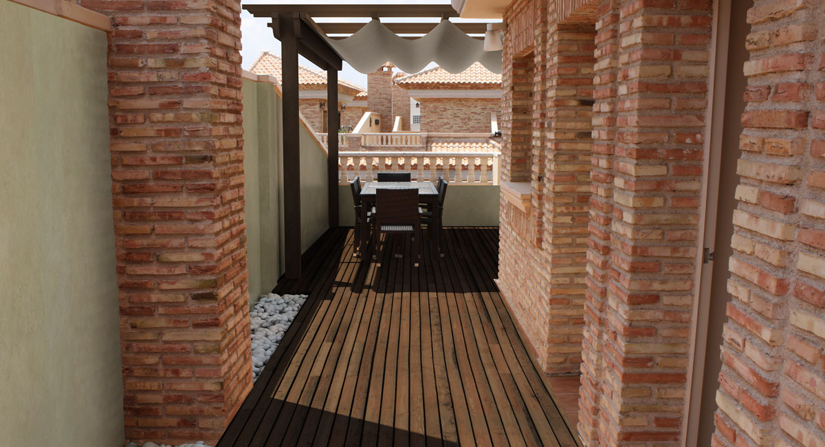 Render 3d de una terraza realizado con infografía 3D. Arquitectura 3D.