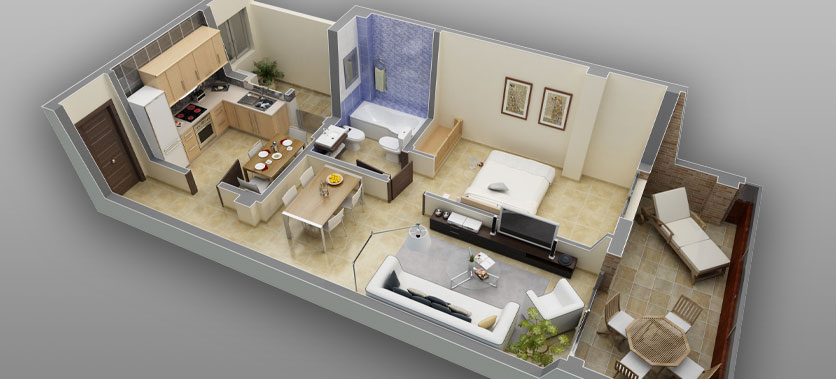 Render 3d de la visualización de una urbanización y el piso piloto realizado con infografía 3D. Arquitectura 3D e interiores 3D.