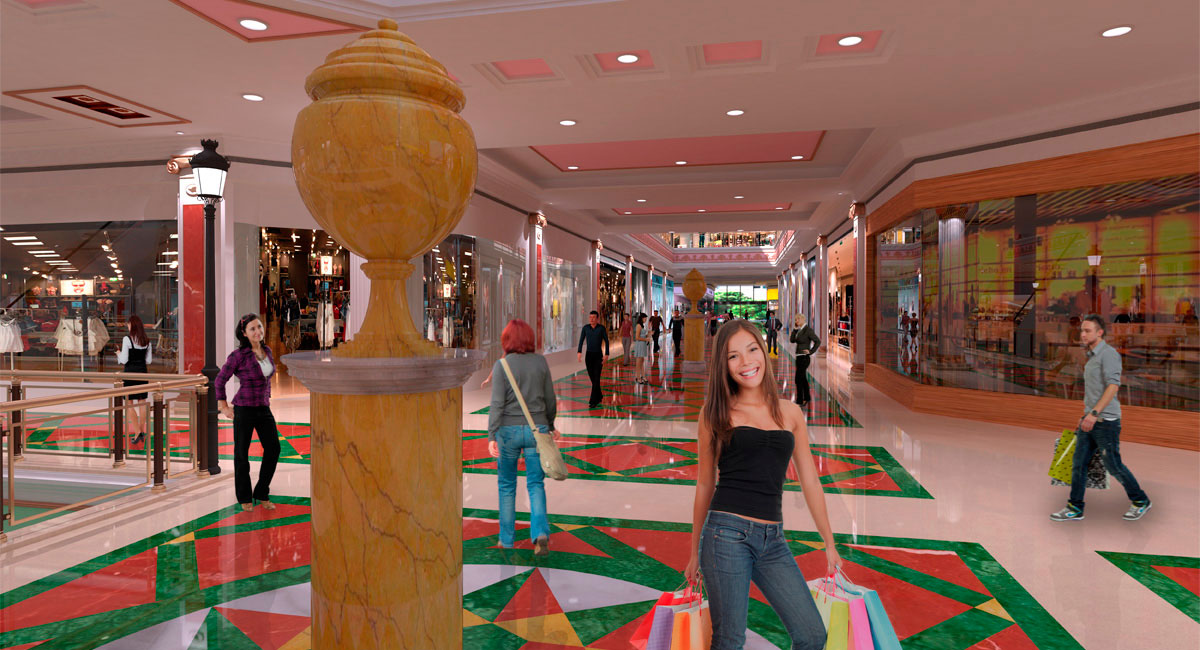 Ejemplo de infografía 3D del interior de un Centro Comercial.