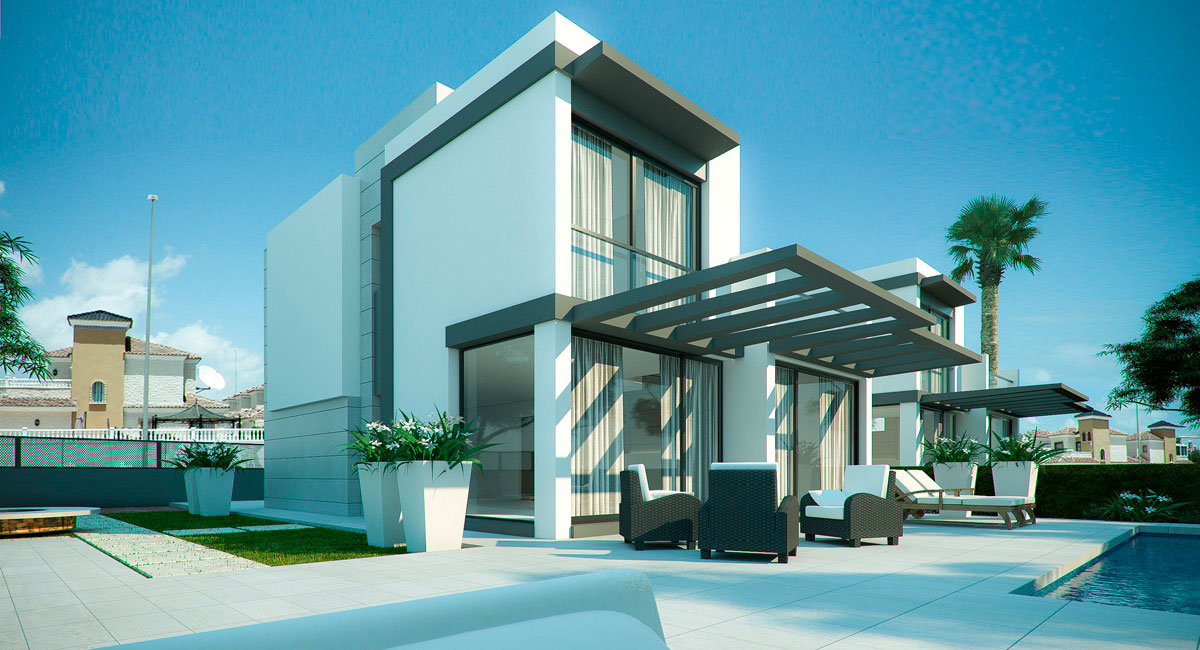 Ejemplo de infografía 3D fachada de una vivienda unifamiliar. Arquitectura.