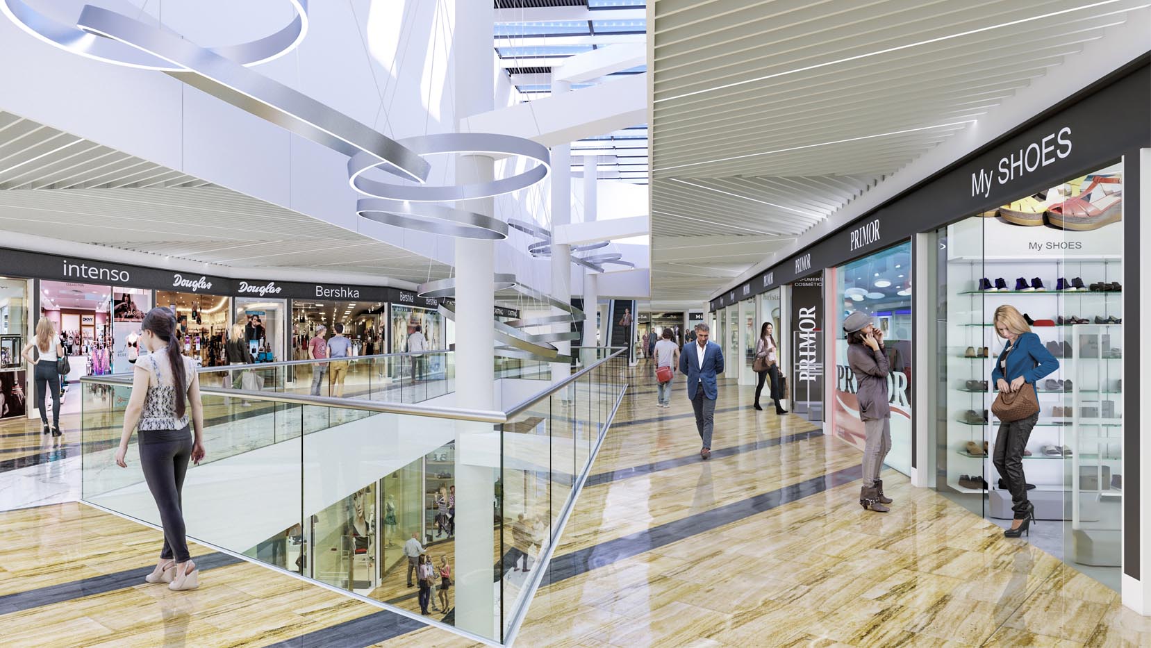 Render 3D del interior de un centro comercial en Mallorca realizado con infografía 3D