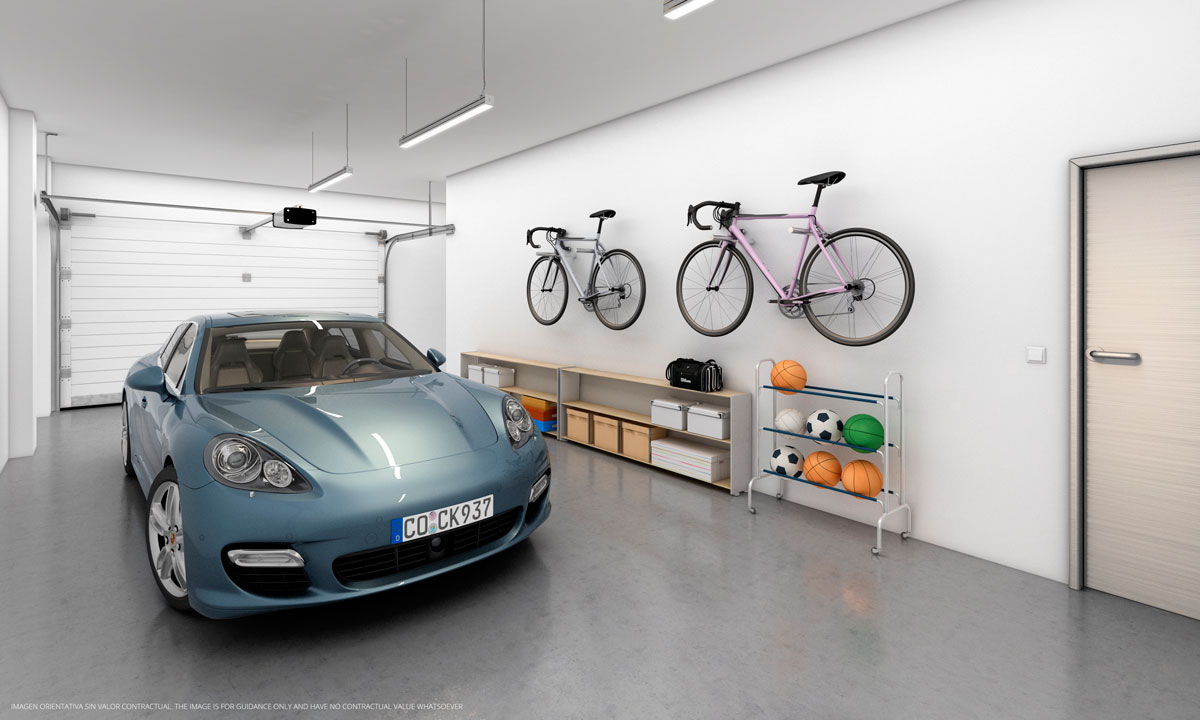 Render del interior de un garaje realizado con infografía 3D para la visualización de una urbanización residencial