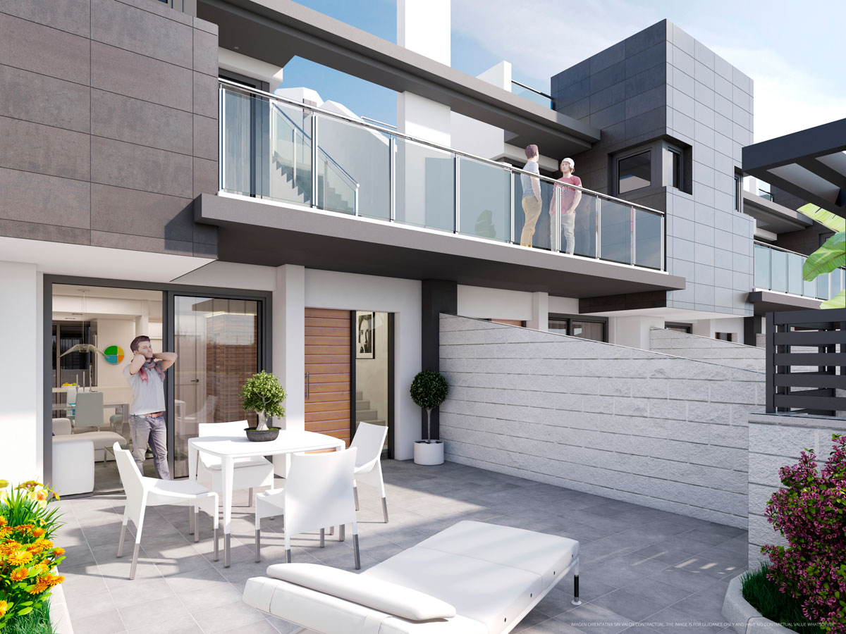 Render de arquitectura de una terraza realizado con infografía 3D para la visualización de una urbanización residencial