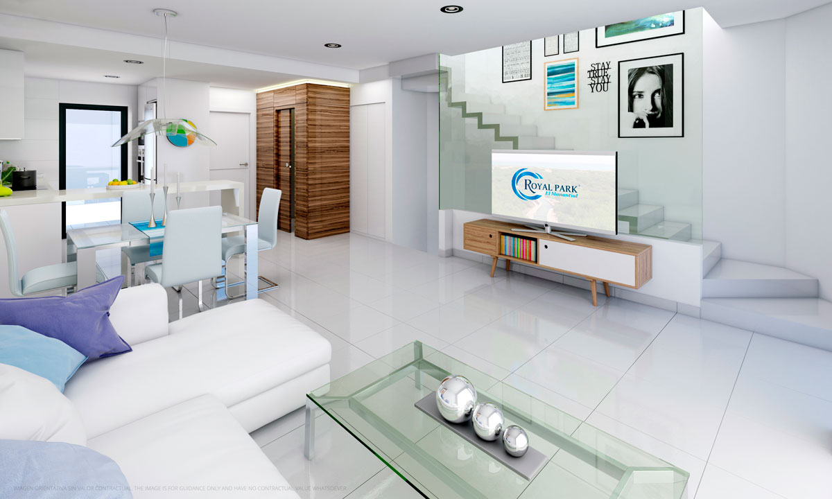 Render interior de un salón comedor realizado con infografía 3D para la visualización de una vivienda