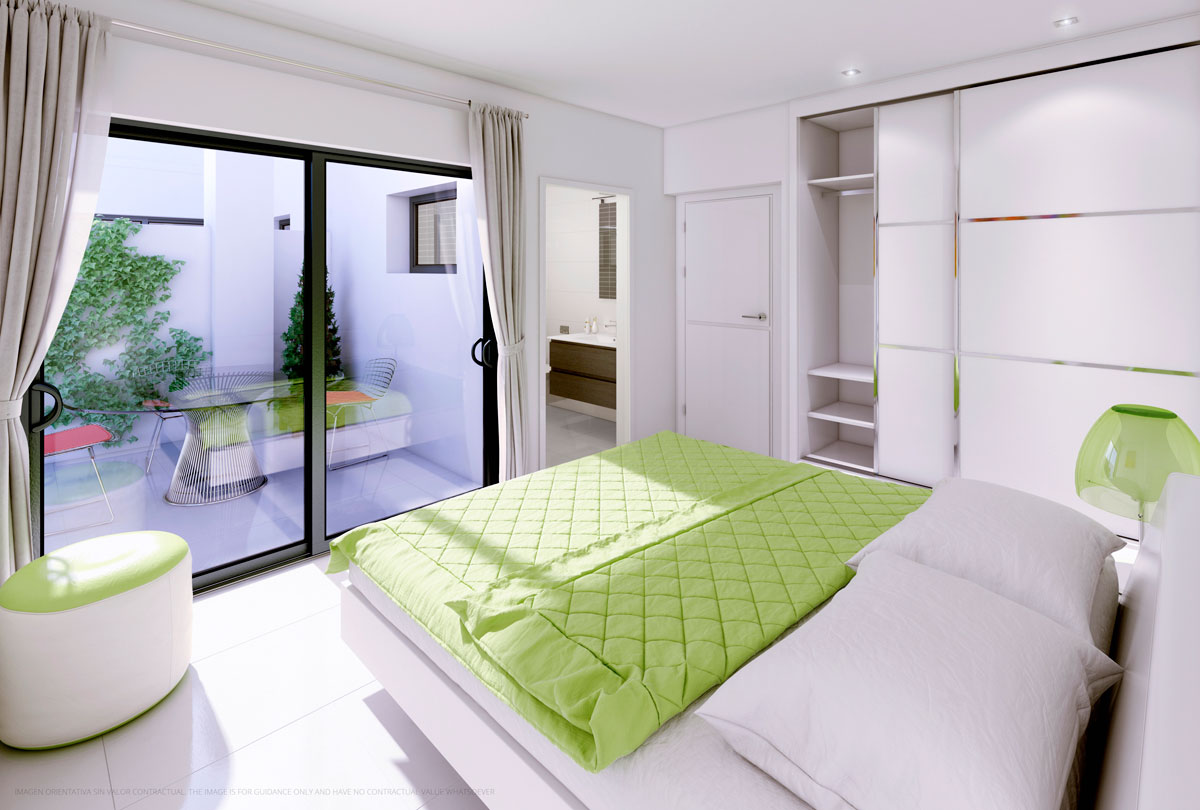 Render interior de un dormitorio realizado con infografía 3D para la visualización de una vivienda