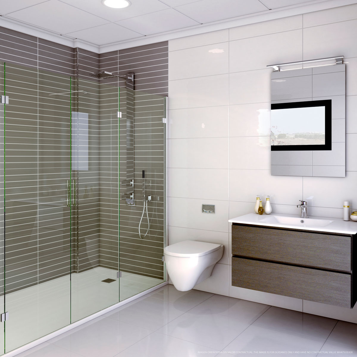 Render interior de un baño realizado con infografía 3D para la visualización de una vivienda