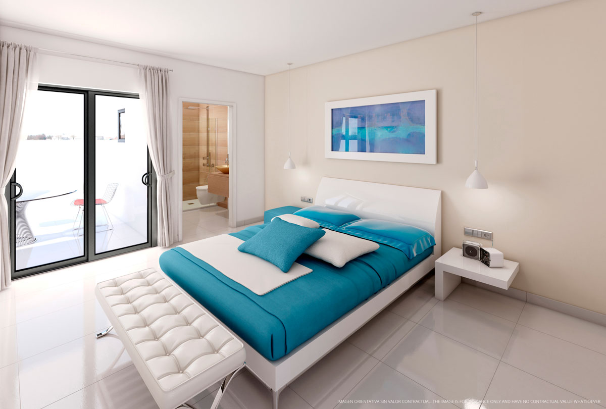 Render interior de un dormitorio realizado con infografía 3D para la visualización de una vivienda