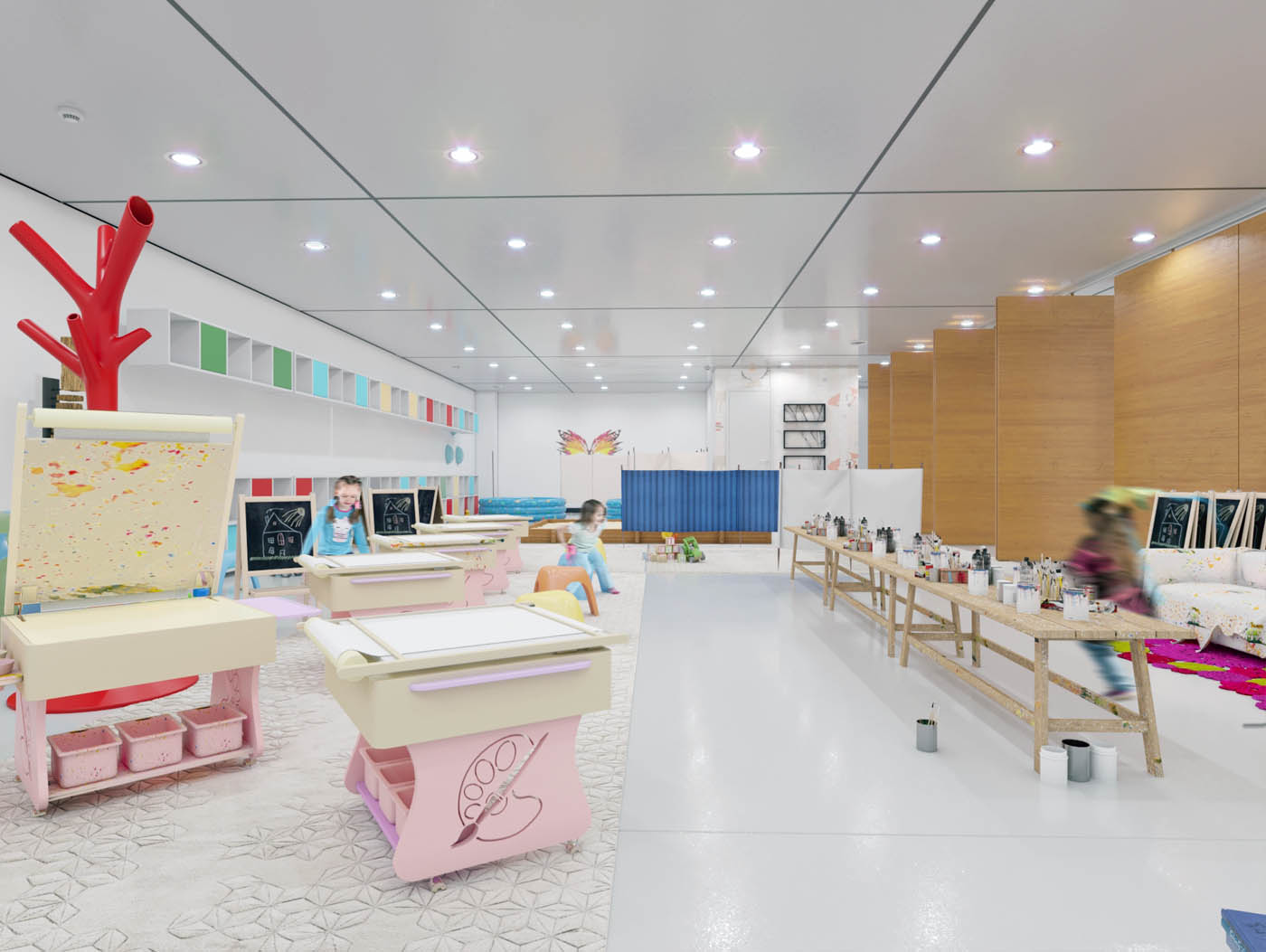 Render 3D del interior de un aula en un Centro Educativo Infantil en Madrid