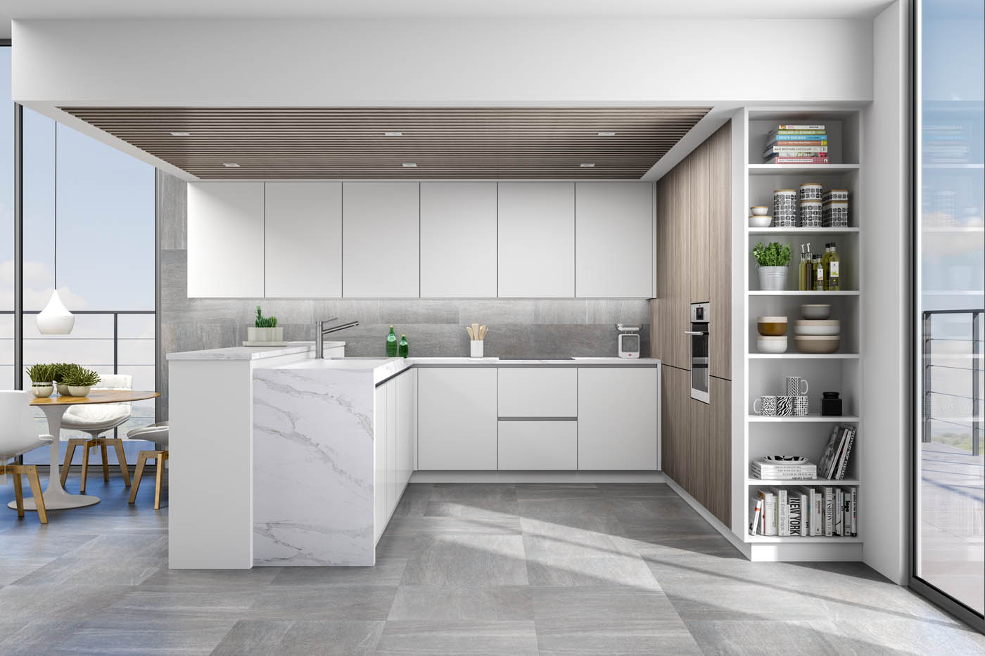 Imagen realizada con infografía 3D para la representación de una cocina de diseño y alta calidad