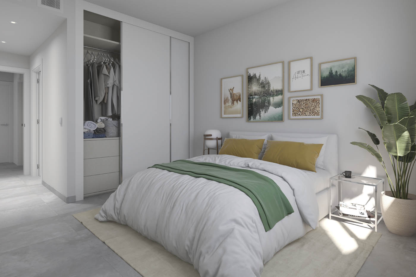 Infografía 3D - Vista interior del dormitorio de una vivienda en Orihuela