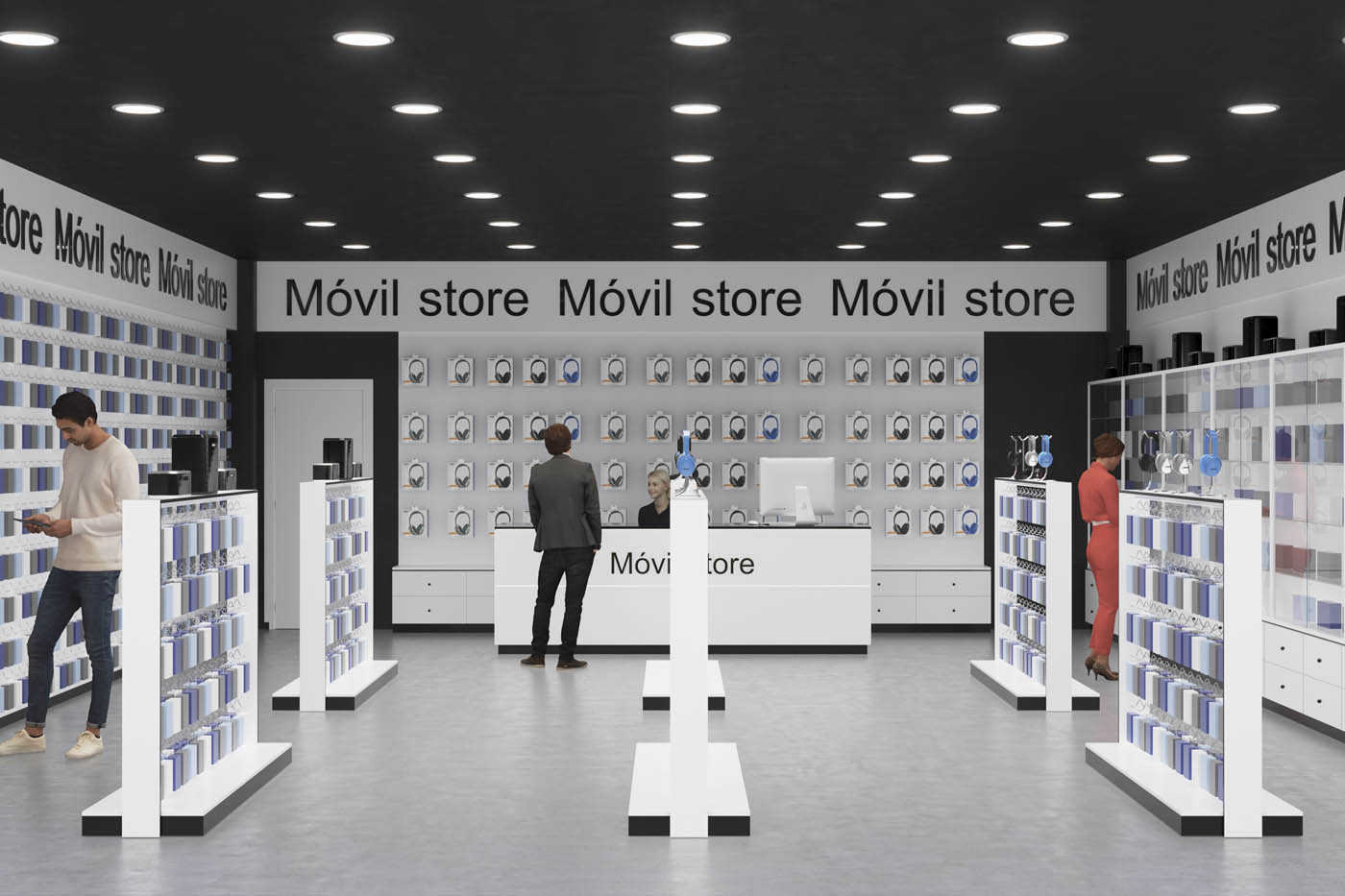 Render 3D conceptual de una tienda de accesorios para móviles