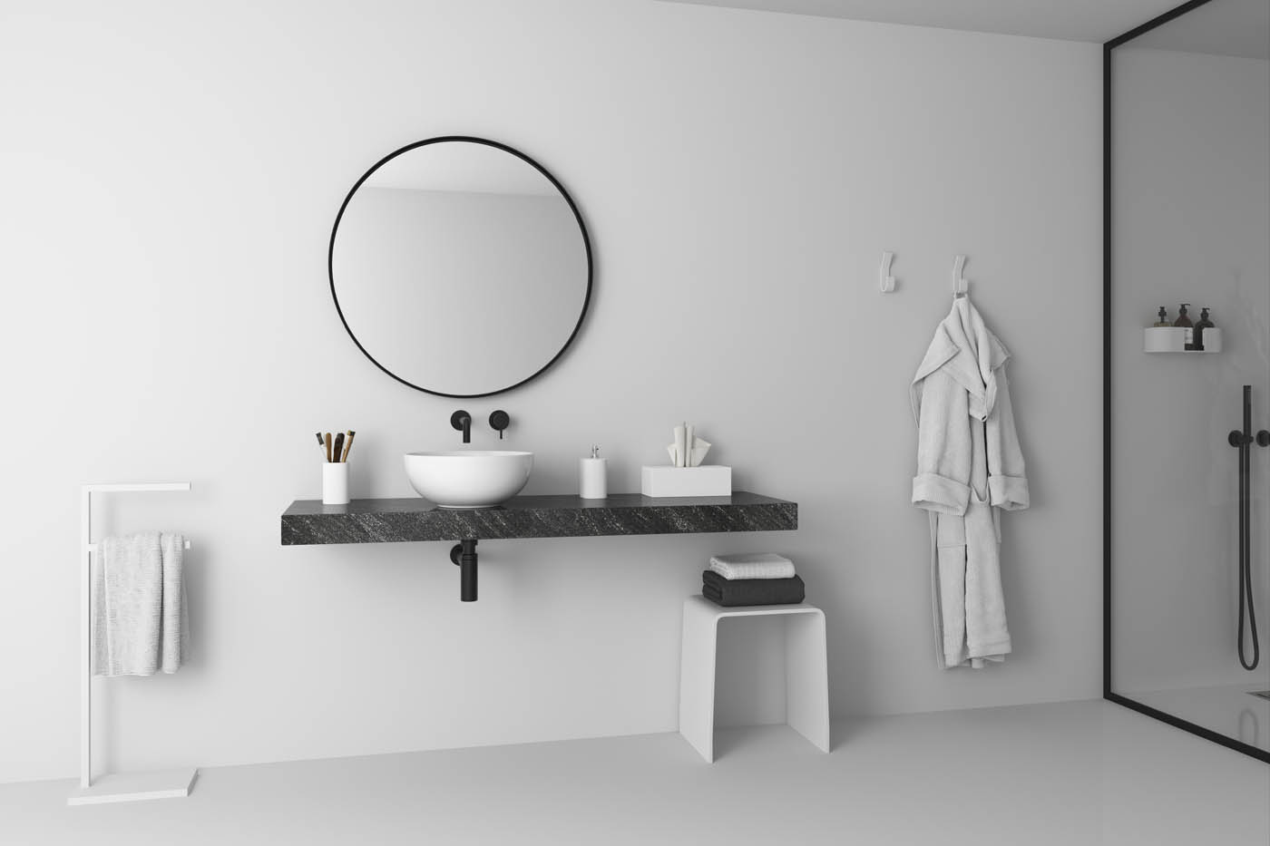 Render 3D de un ambiente con accesorios de baño para un catálogo