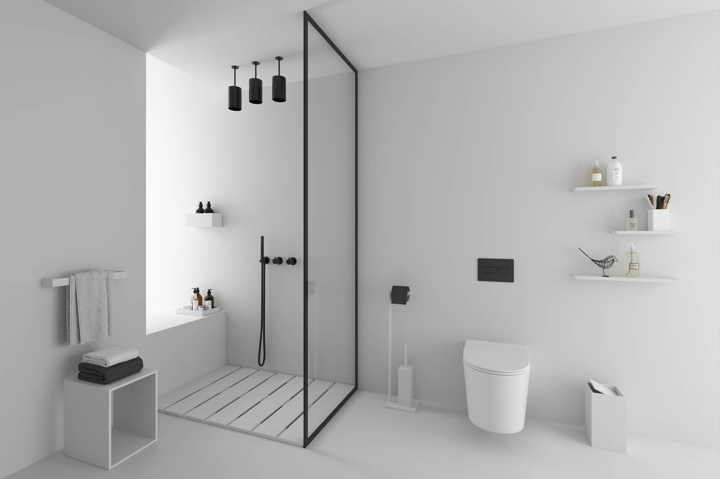 Render 3D de un ambiente con accesorios de baño para un catálogo