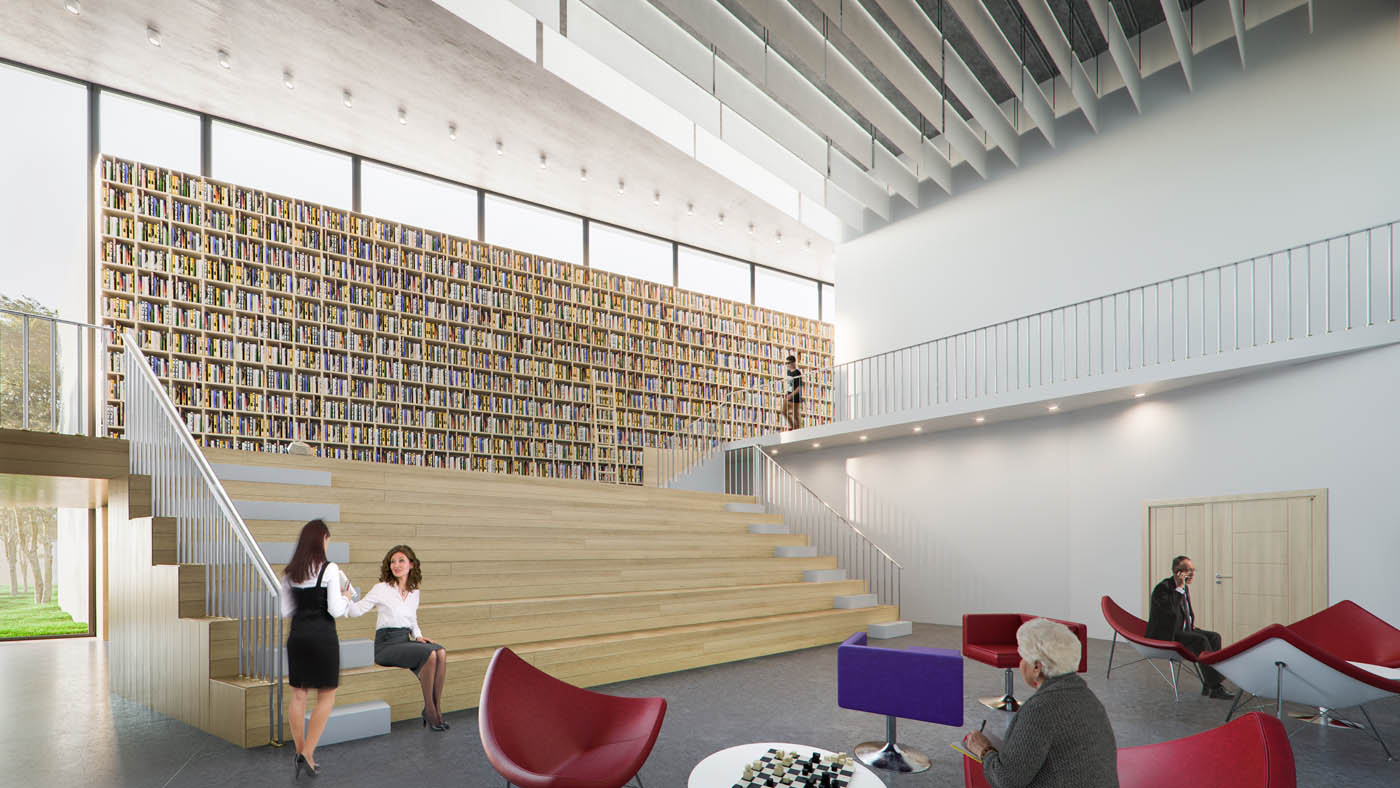 Render 3D de una biblioteca y auditorio en Gerona