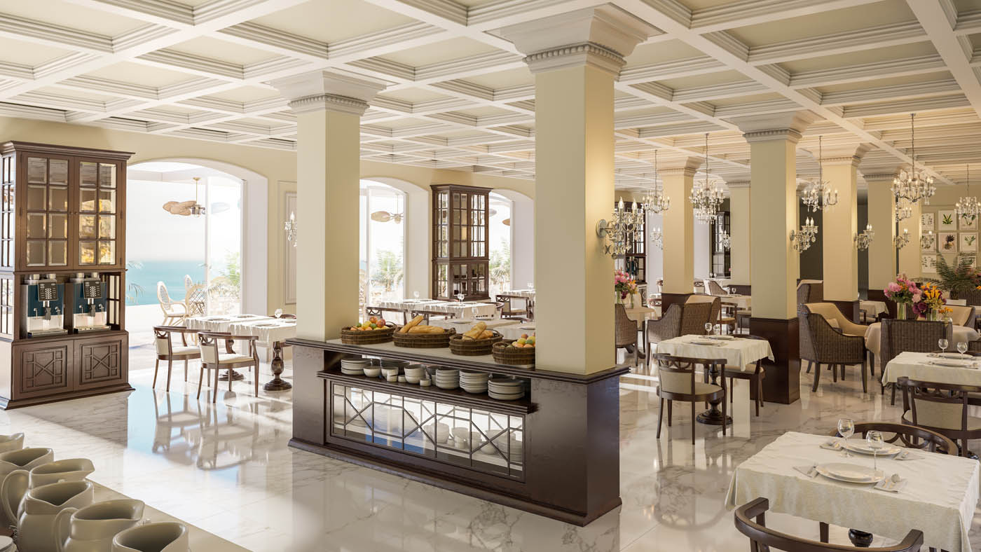 Render 3D de un salón buffet en un hotel en Tenerife