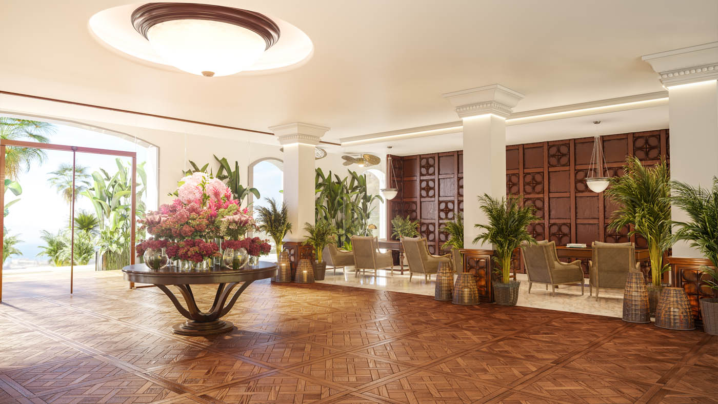 Render 3D de la recepción de un hotel en Tenerife