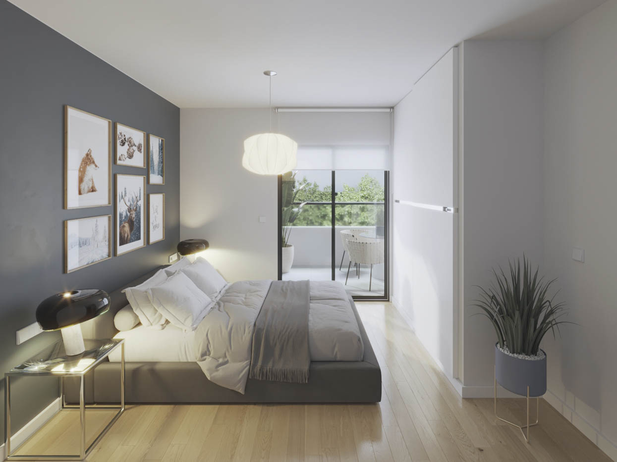 Vista del dormitorio de una vivienda realizada con un render 3D fotorrealista