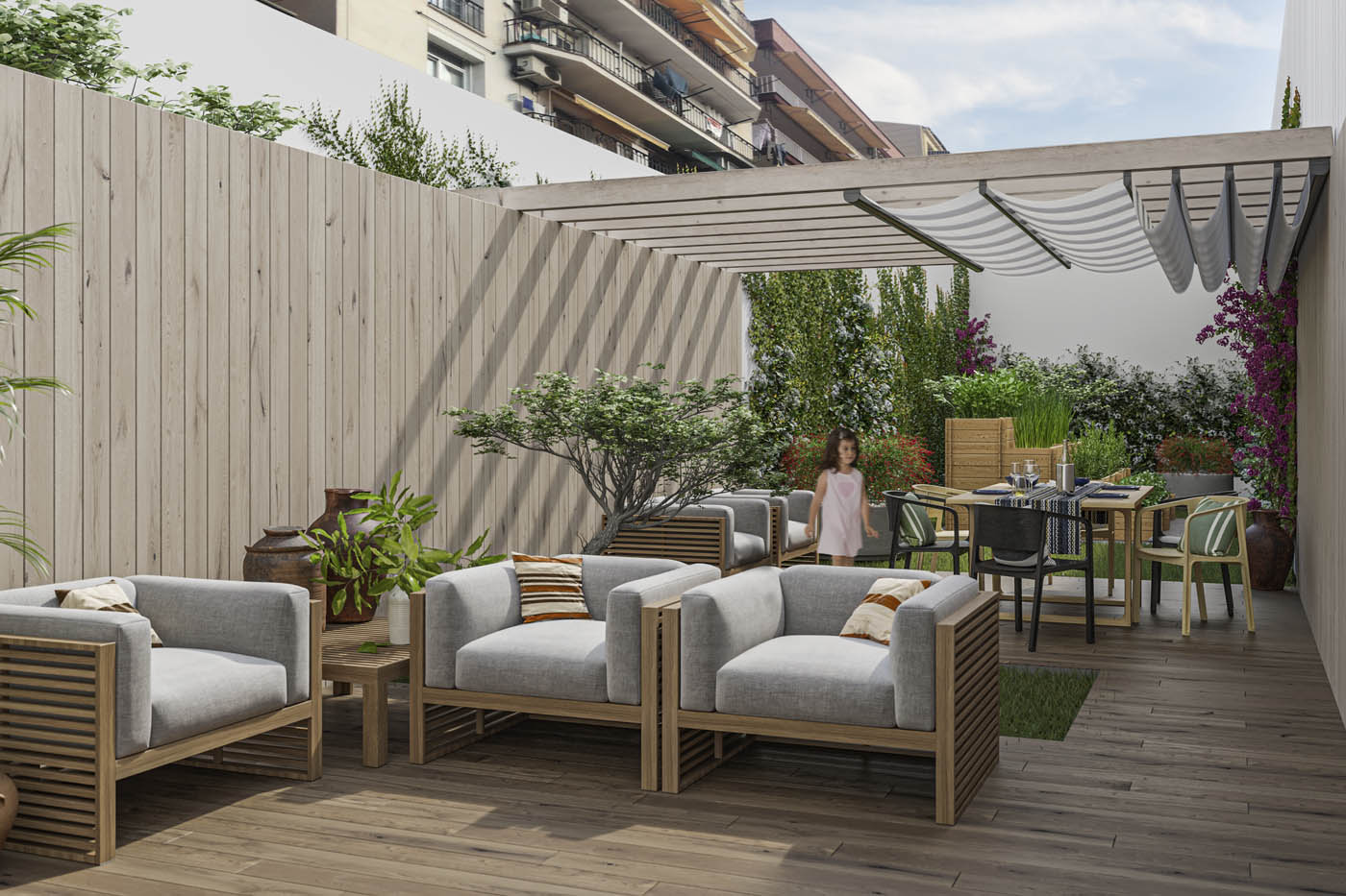 Render 3D de la terraza de una vivienda en Barcelona