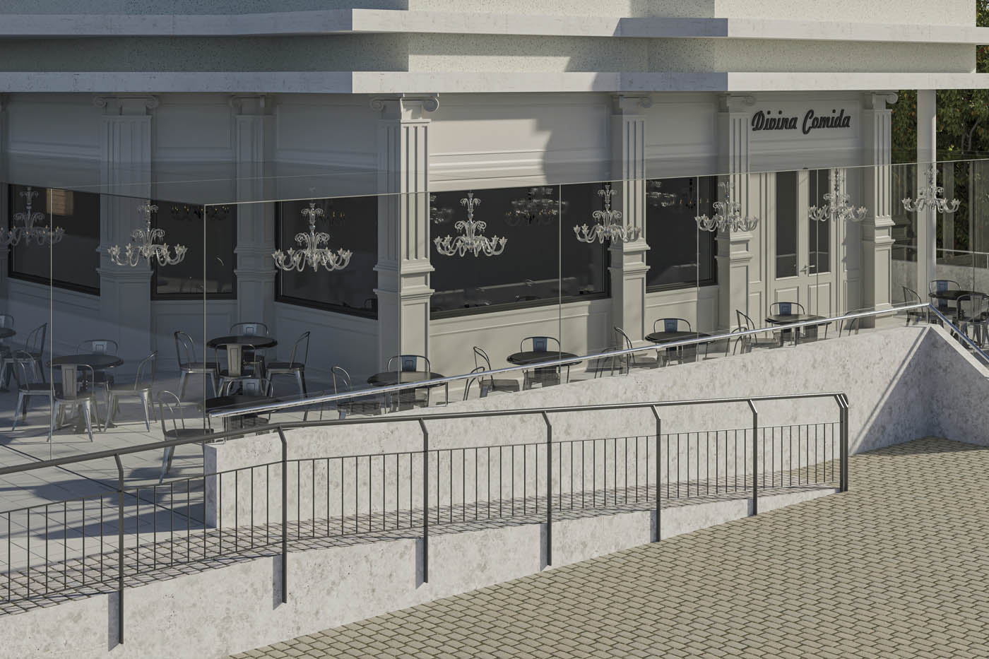 Render 3D de la terraza de una cafetería en Castro-Urdiales