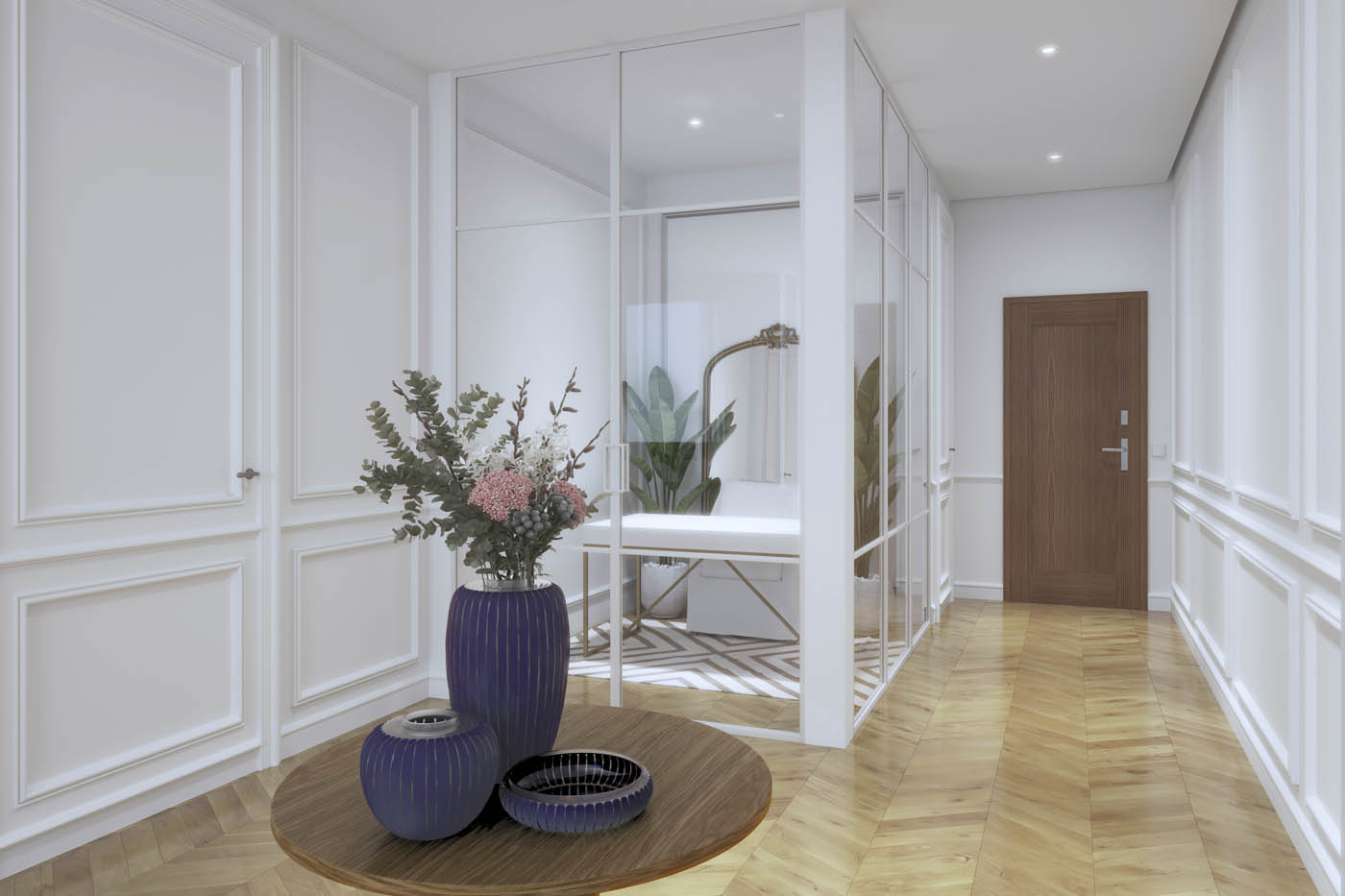 Renders 3D de la reforma de un pasillo en una vivienda