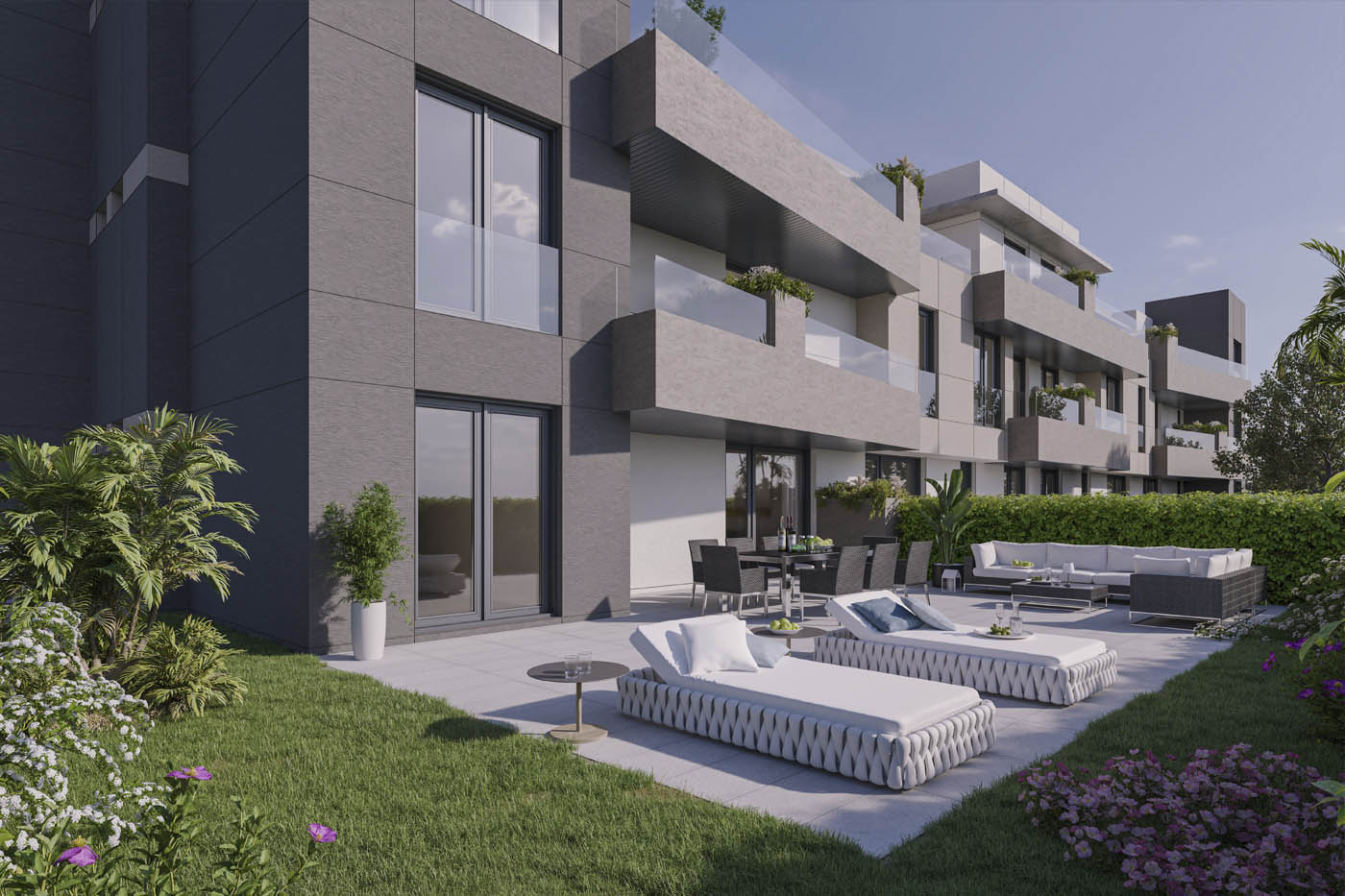 Renders 3D de terrazas y jardines de viviendas en Santander