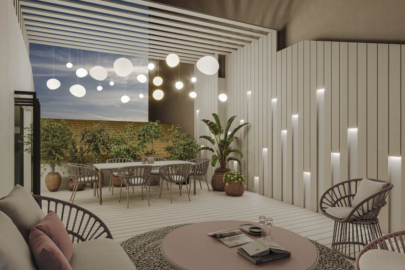 Renders 3D de una terraza con iluminación diurna y nocturna