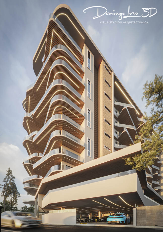 Infografía 3D de las fachadas de un edificio residencial