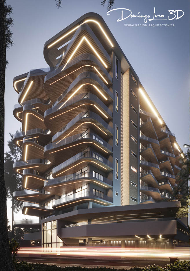 Infografía 3D de las fachadas de un edificio residencial