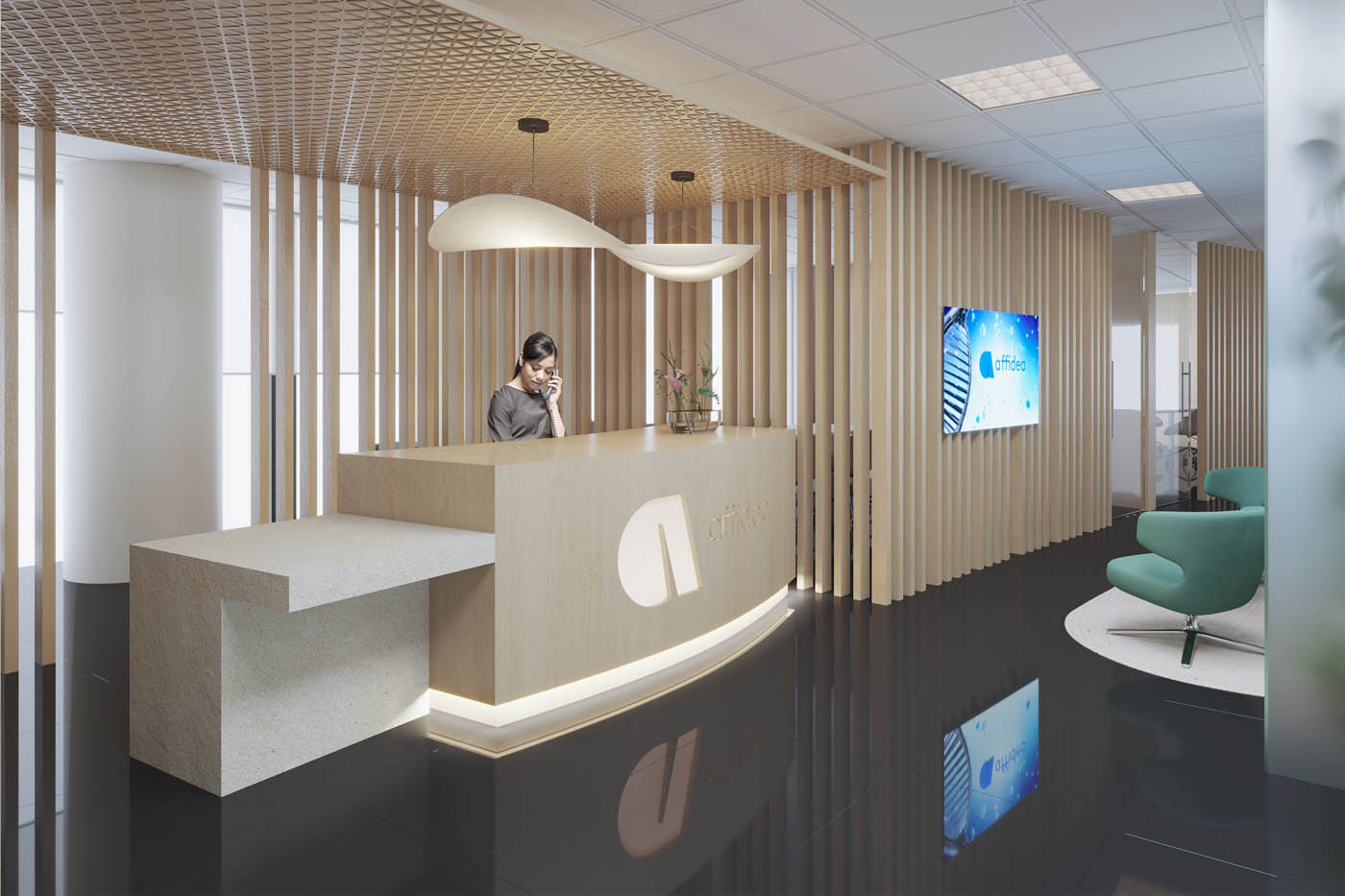 Renders 3D del interior de las oficinas de un grupo sanitario