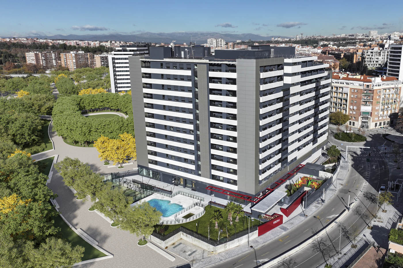 Renders 3D exteriores e interior de una promoción inmobiliaria en Madrid