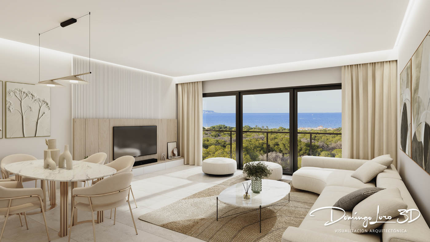Vista del interior de una vivienda con vistas al mar