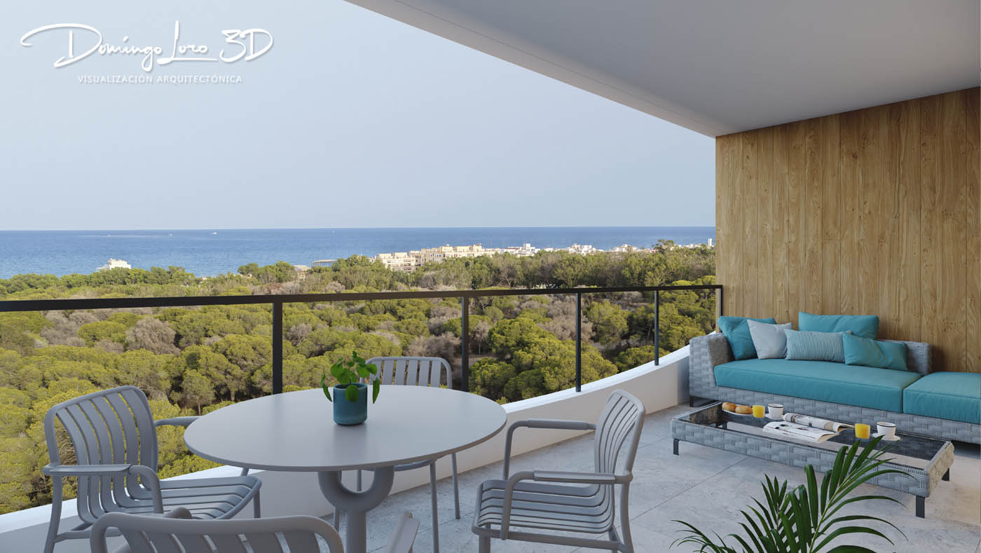 Vista del interior de una vivienda con vistas al mar
