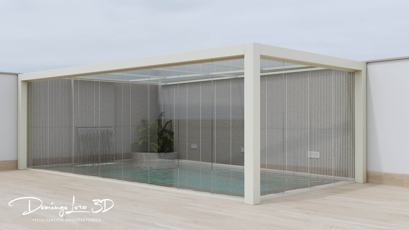 Render 3D del cerramiento de una piscina