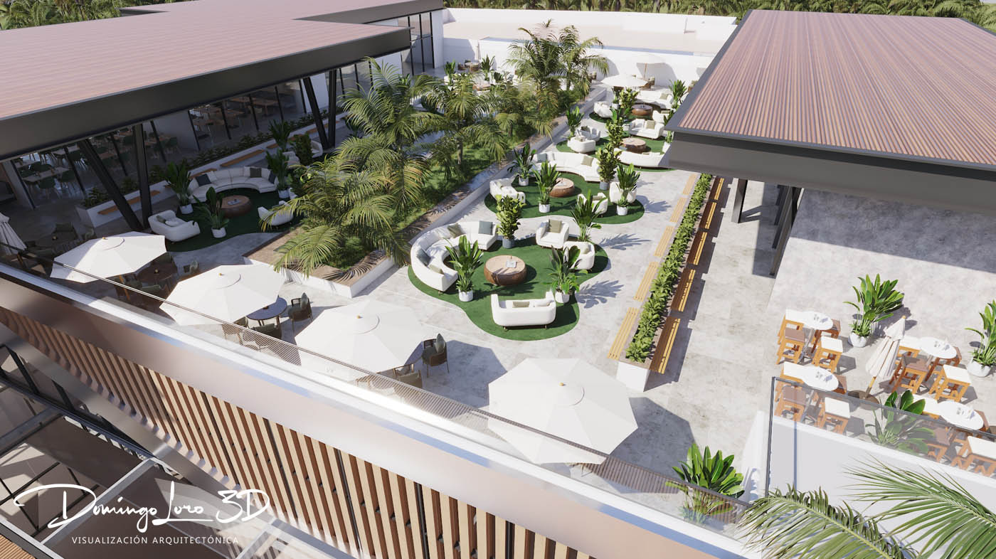Render 3D de un centro comercial