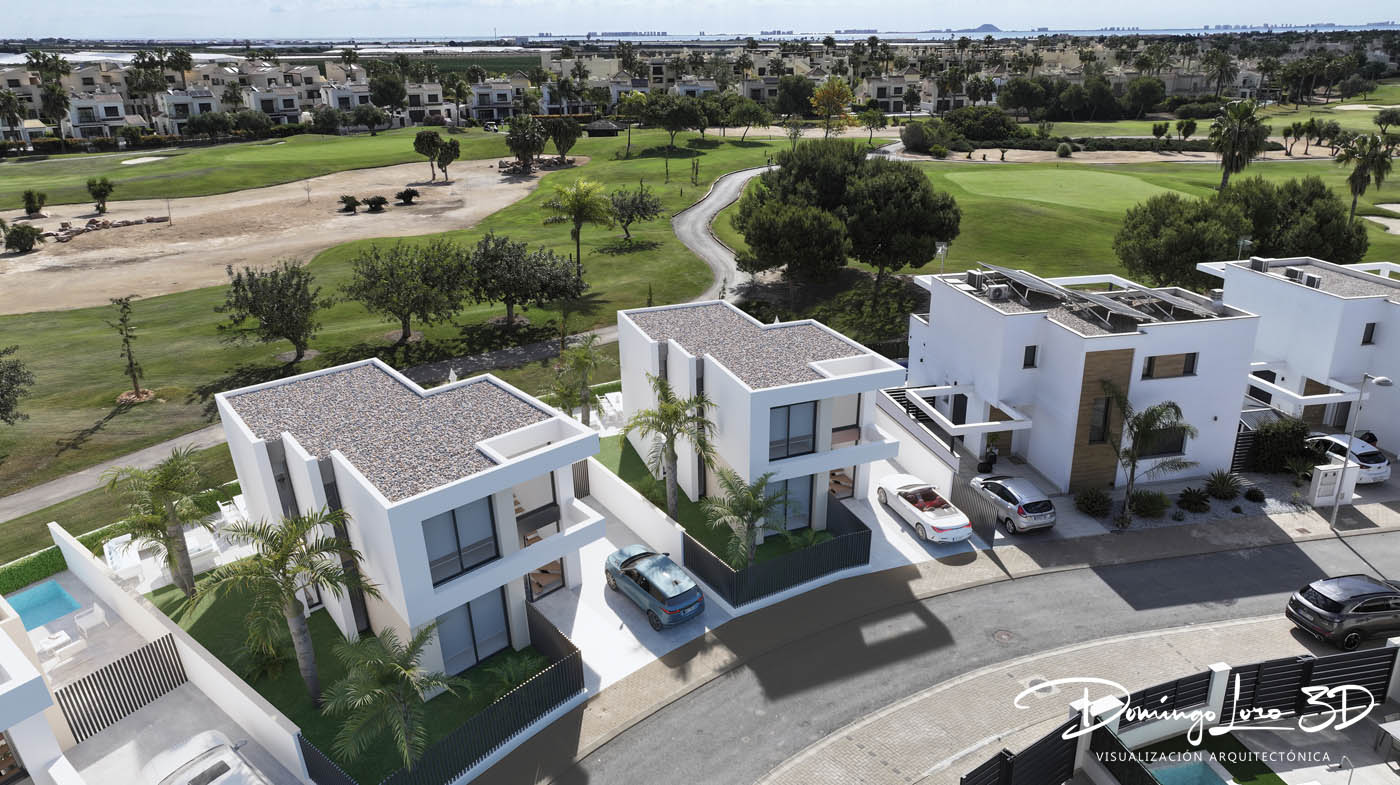 Render 3D de viviendas en un campo de golf