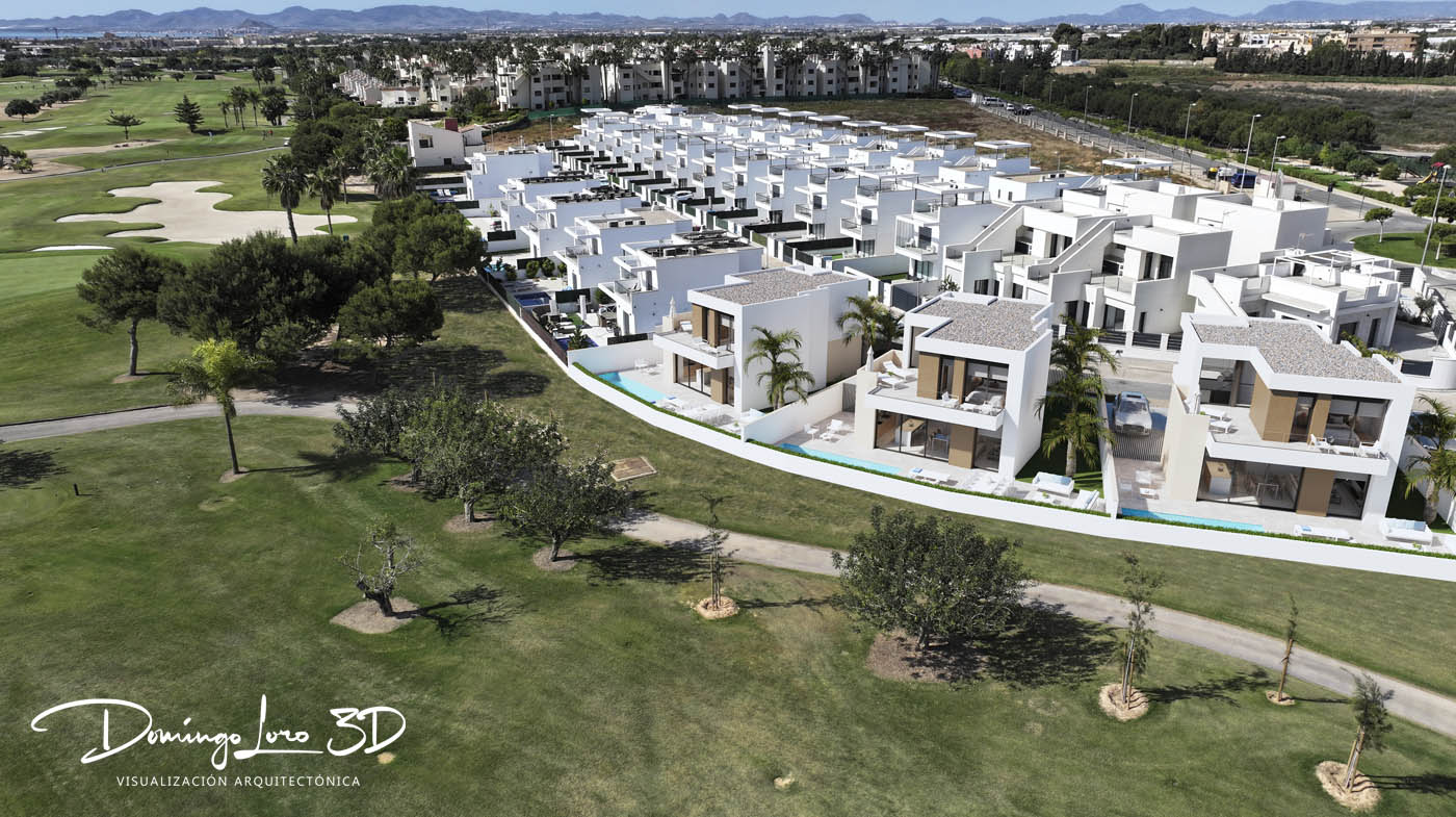 Render 3D de viviendas en un campo de golf