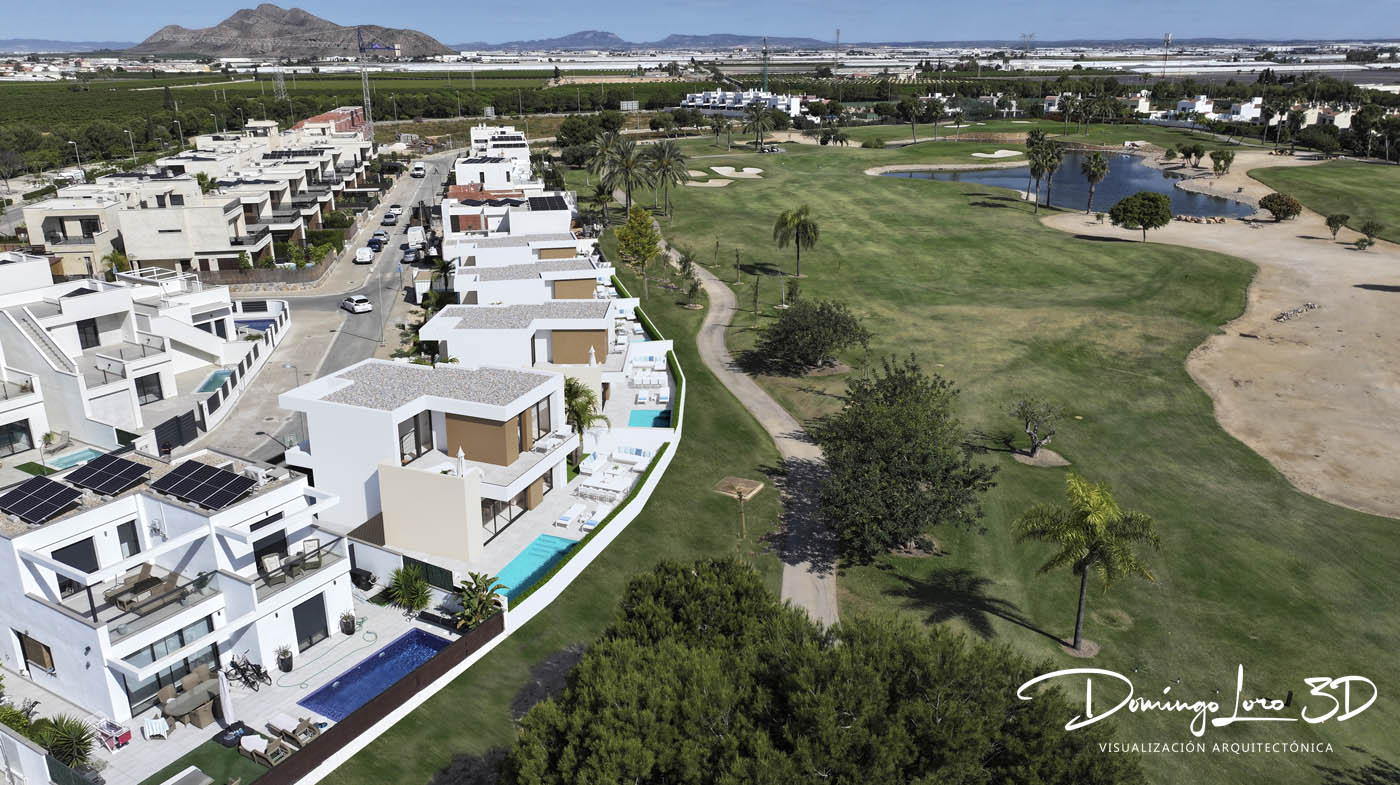 Render 3D de viviendas en un campo de golf
